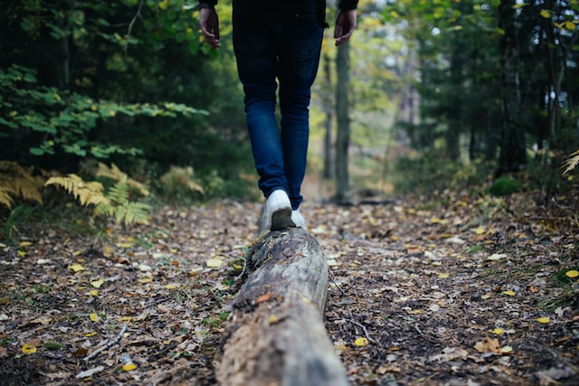 a guy walking in the woods