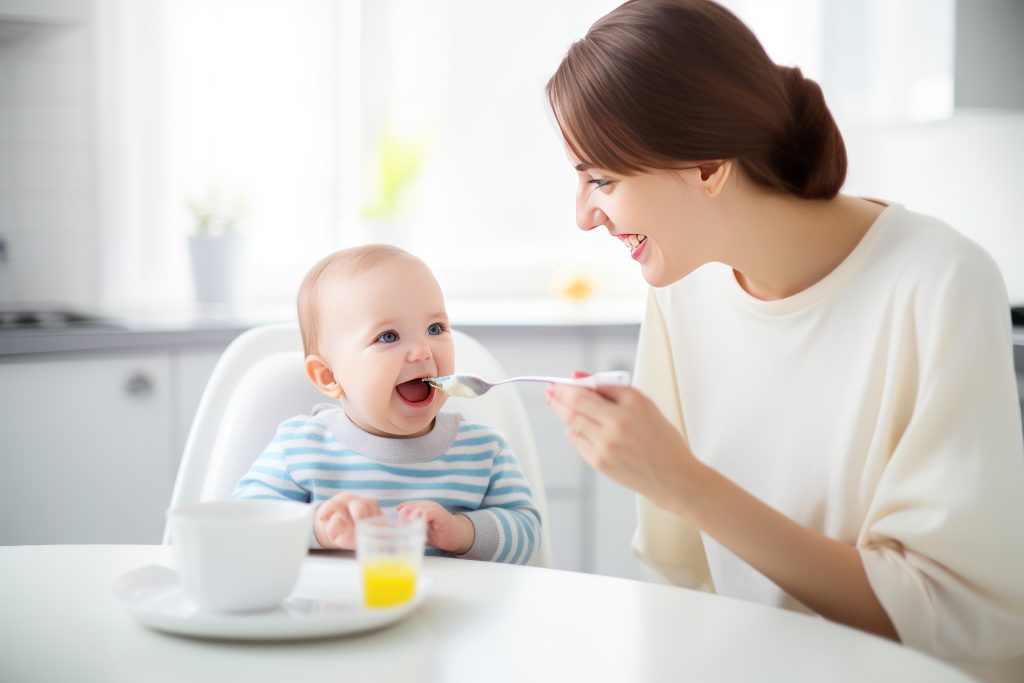 African American father smiles feeding grimacing little son with milk cereal from spoon at table